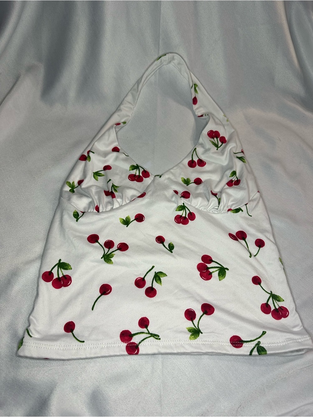 Rebellious Dreamer White Cherry Print Crop Halter Top